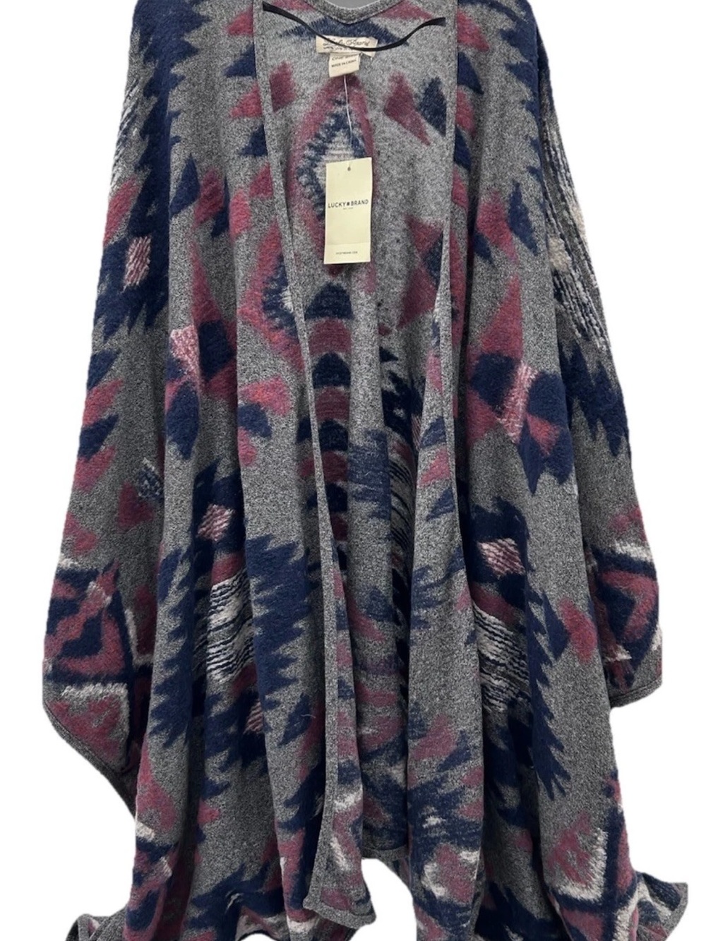 Lucky Brand Gray Poncho with Navy and Mauve Aztec Print